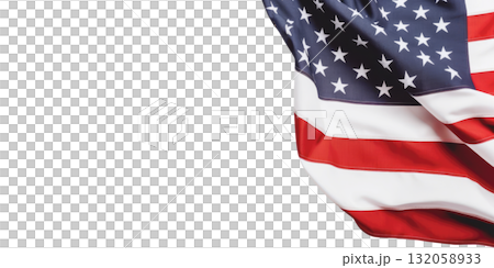 American flag waving gracefully in the wind, showcasing vibrant colors and intricate details, symbolizing patriotism and national pride. Isolated on transparent background. American flag waving gracefully in the wind, showcasing vibrant colors and intricate details, symbolizing patriotism and national pride. Isolated on transparent background. 132058933