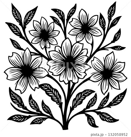 Elegant black and white floral vector design showcasing intricate botanical details Elegant black and white floral vector design showcasing intricate botanical details 132058952