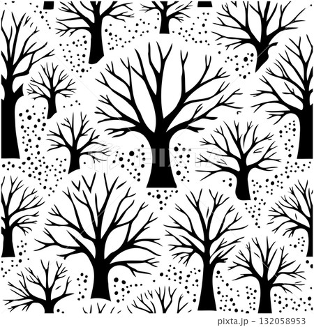 Monochrome Tree Pattern for Wallpaper and Decorative Arts, Seamless Vector Design 132058953