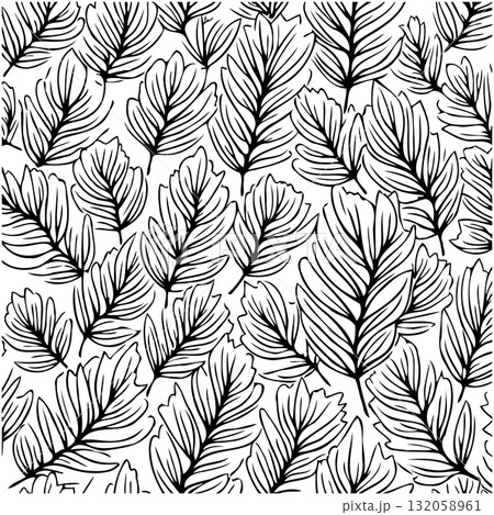 Seamless pattern of leaves outlined in black, perfect for backgrounds and designs 132058961