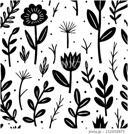 Black and White Botanical Pattern with Flowers and Leaves for Modern Design Black and White Botanical Pattern with Flowers and Leaves for Modern Design 132058975