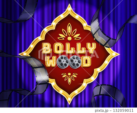 Bollywood composition blending signage film reels and stage curtains realistic style 132059011
