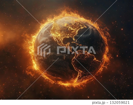 Scorched planet Earth in cosmic space, illustration 132059021