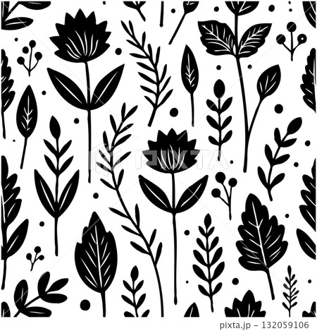 Black and White Floral Pattern: Seamless Vector Design for Textile and Backgrounds 132059106