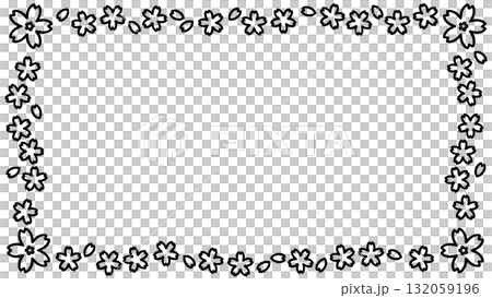 Hand-drawn black and white frame of cherry blossoms - black line drawing 132059196