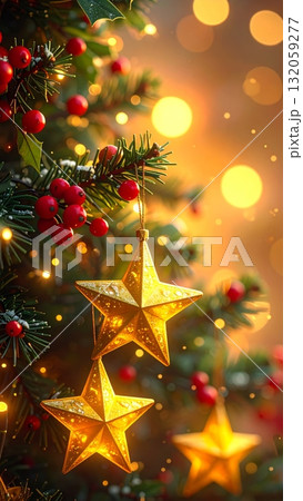 Christmas tree decorated with yellow stars and holly berries 132059277