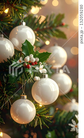 Close-up of Christmas tree with white balls and mistletoe flowers Close-up of Christmas tree with white balls and mistletoe flowers 132059280