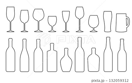 linear set of acohol bottles, wine, beer mug, brandy bottles and glasses 132059312