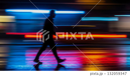 Abstract silhouette of man walking in city at night with motion blur lights, concept of fast urban lifestyle and modern speed Abstract silhouette of man walking in city at night with motion blur lights, concept of fast urban lifestyle and modern speed 132059347