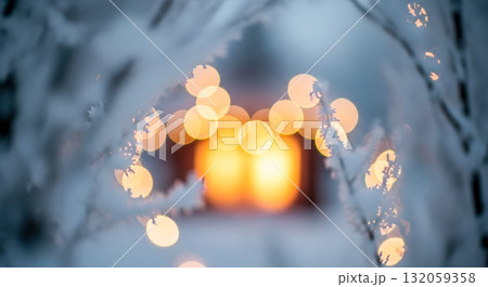 Magical winter background with frosty branches and golden bokeh lights, dreamy christmas holiday scene for festive card, cozy abstract winter wonderland concept 132059358