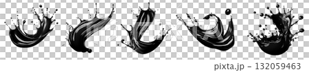 Black dark cream liquid paint ink splash swirl wave on transparent background cutout, PNG file. Many assorted different design. Mockup template for artwork 132059463