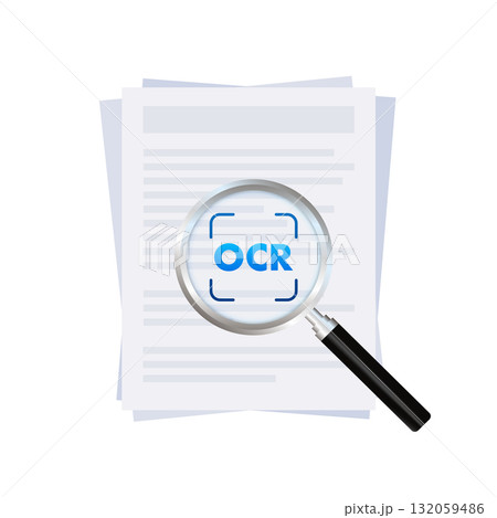 Document with OCR magnifying glass for text recognition Document with OCR magnifying glass for text recognition 132059486