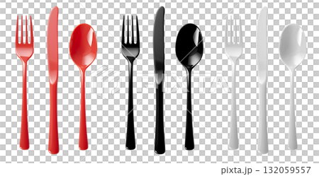 Set of Cutlery of plastic disposable colourful party spoon, fork knife on transparent background cutout, PNG file. Mockup template for artwork design. red black white 132059557