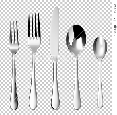 Set of Cutlery of silverware silver teaspoon spoon, fruit fork knife on transparent background cutout, PNG file. Mockup template 132059558
