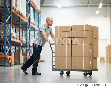Employee pushing trolley loaded with boxes across plain smooth warehouse floor with shelves rising high in organized background Employee pushing trolley loaded with boxes across plain smooth warehouse floor with shelves rising high in organized background 132059616