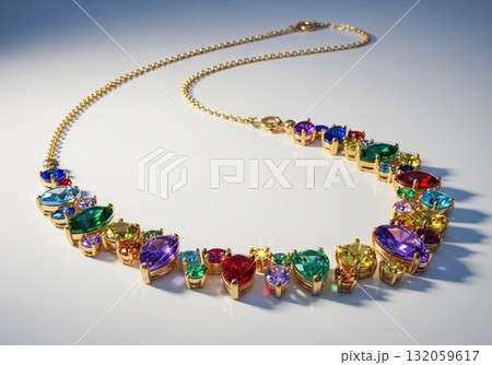 Golden necklace with multicolored gemstones glowing vibrantly on plain uncluttered background 132059617