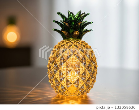 Golden glass pineapple with reflective surface and patterned crown details resting on bright table background 132059630