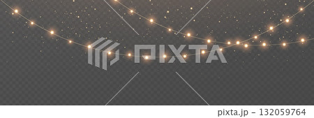 Christmas gold light background. Fairy bulb, banner. New Year luxury string garland. Winter party frame. Led neon line baubles. Festive border. Glow lamp bg. Glitter bright lamp. Vector illustration 132059764