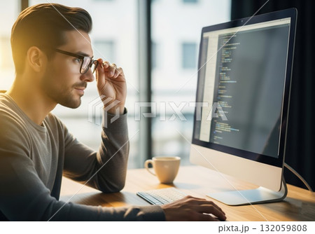 Thoughtful programmer wearing glasses concentrating on bright computer monitor with simple desk setup including coffee cup in uncluttered workspace 132059808