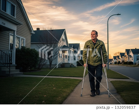 Disabled veteran using crutches walking along empty street evening colors glowing background posture steady resilient presence calm healing strength positive hope Disabled veteran using crutches walking along empty street evening colors glowing background posture steady resilient presence calm healing strength positive hope 132059837
