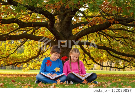 Children sit under large tree with books, leaves falling gently around and colorful canopy overhead 132059857
