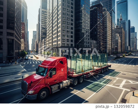 Truck carrying glass panels moves through city streets under bright sunlight reflecting urban energy and busy transportation Truck carrying glass panels moves through city streets under bright sunlight reflecting urban energy and busy transportation 132059872