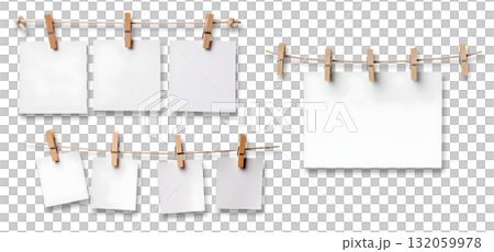 White blank empty paper sheet attached with wooden wood pegs on string on transparent background cutout, PNG file. Mockup template for artwork design. Many assorted different sets varieties 132059978