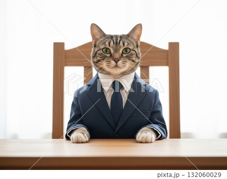 Feline figure dressed in neat business clothing seated upright, paws resting forward, chair plain, desk simple, background bright, projecting professional authority 132060029