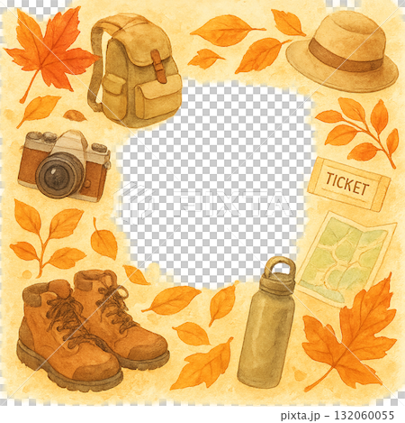 Autumn frame of autumn leaves and travel accessories 132060055