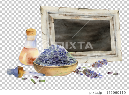 Lavender seeds heaped in terracotta bowl, essential oil glass bottle with pipette dropper, blank sign frame for text. Isolated illustration hand drawn in watercolor. Custom packaging, spa herb decor. 132060110