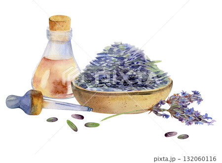 Lavender seed pile in handmade pottery bowl, essential oil essence glass bottle, pipette dropper, lavandula flower stems. Isolated illustration hand drawn in watercolor. Aromatherapy, herbal craft. Lavender seed pile in handmade pottery bowl, essential oil essence glass bottle, pipette dropper, lavandula flower stems. Isolated illustration hand drawn in watercolor. Aromatherapy, herbal craft. 132060116