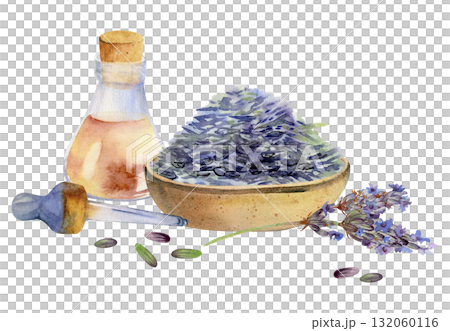 Lavender seed pile in handmade pottery bowl, essential oil essence glass bottle, pipette dropper, lavandula flower stems. Isolated illustration hand drawn in watercolor. Aromatherapy, herbal craft. Lavender seed pile in handmade pottery bowl, essential oil essence glass bottle, pipette dropper, lavandula flower stems. Isolated illustration hand drawn in watercolor. Aromatherapy, herbal craft. 132060116