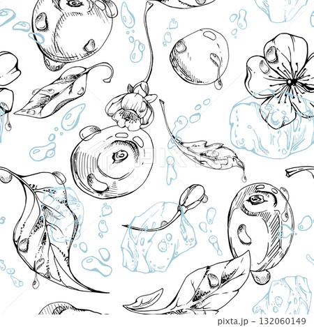 Sweet sour cherry cerise flying in water, ice cubes splashes drops, watercolor hand drawn, red berry leaves white flowers. Seamless pattern tile illustration. Restaurant dessert menu, farmers market 132060149