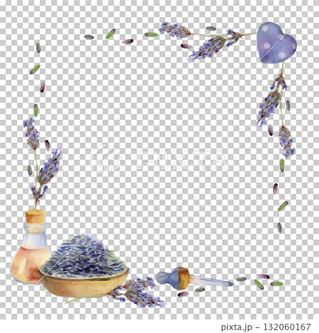 Lavender seeds heap, flower stalks, glass vial with cork stopper, dropper pipette. Corner square frame isolated illustration hand drawn in watercolor. Natural skincare, perfume sampling, aromatherapy Lavender seeds heap, flower stalks, glass vial with cork stopper, dropper pipette. Corner square frame isolated illustration hand drawn in watercolor. Natural skincare, perfume sampling, aromatherapy 132060167