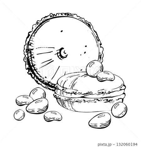 Whoopie pies, sandwich cakes and airy macarons with sweet candy dragees. Isolated hand drawn vector ink illustration. Festive food tags, cafe dessert bundles, recipe visuals, bakery sticker designs. Whoopie pies, sandwich cakes and airy macarons with sweet candy dragees. Isolated hand drawn vector ink illustration. Festive food tags, cafe dessert bundles, recipe visuals, bakery sticker designs. 132060194