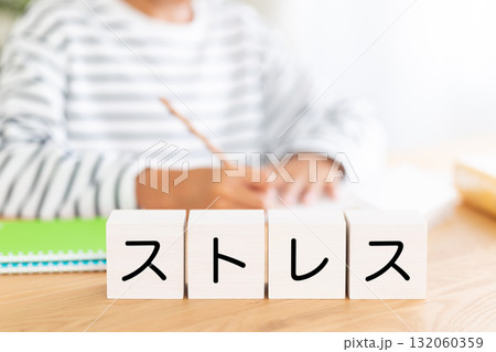 ストレスのブロックと勉強をする小学生の男の子 132060359