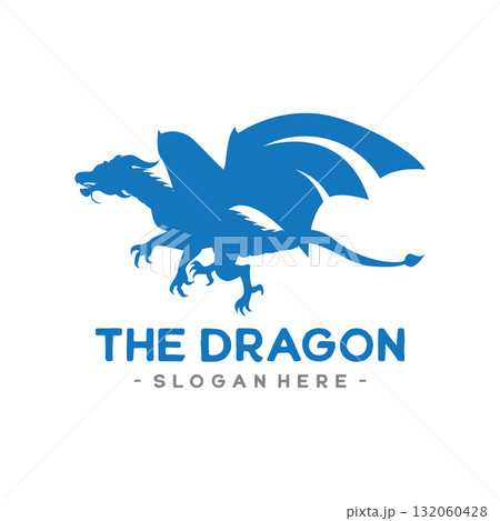 Vector dragon logo design in red circular silhouette style. Strong and powerful mythical creature emblem. 132060428