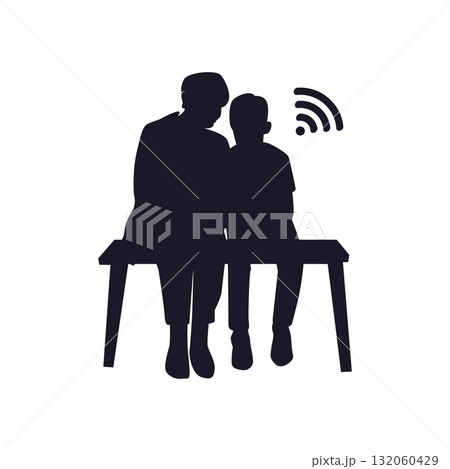 Vector silhouette illustration of an elderly person and child sitting together on a bench with a wifi signal icon. Symbol of family connection, communication between generations, and digital lifestyle 132060429