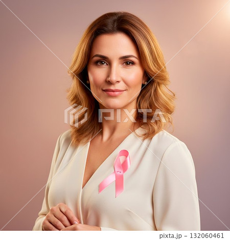 young woman with a pink ribbon symbolizing breast cancer awareness 132060461