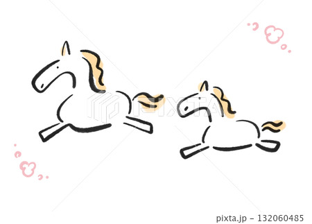 墨絵の走るかわいい二頭の白馬の親子　2026 花飾り 132060485