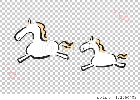 墨絵の走るかわいい二頭の白馬の親子　2026 花飾り 132060485