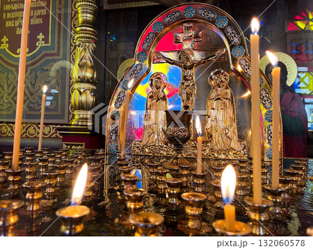 Orthodox Church Candle Stand with Religious Icons 132060578