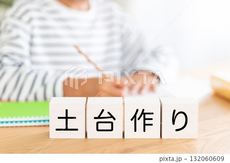 土台作りのブロックと勉強をする小学生の男の子 132060609