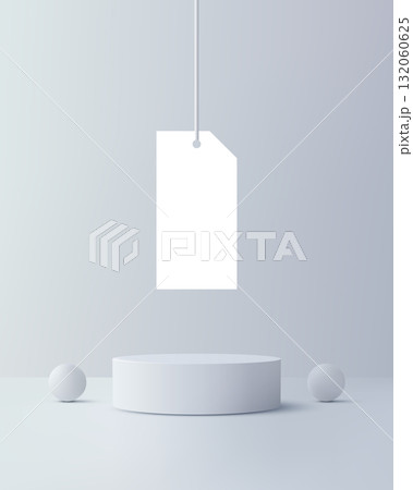 mockup minimal 3d product display with blank tag above cylindrical pedestal in white and gray tones perfect for branding presentation advertising and modern showroom showcase concept design 132060625