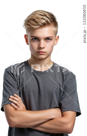 Serious Boy Portrait Blonde boy in grey T-shirt with sad expression, facing camera, isolated on white, soft moody lighting. 132060650