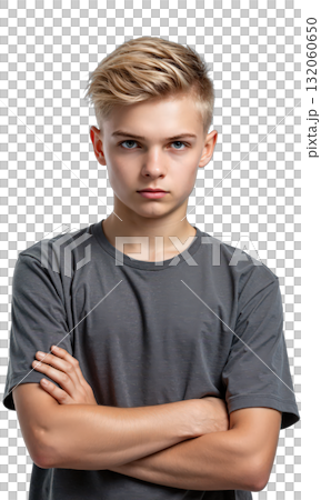 Serious Boy Portrait Blonde boy in grey T-shirt with sad expression, facing camera, isolated on white, soft moody lighting. 132060650