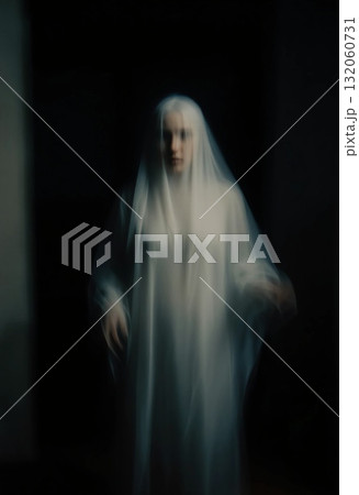A ghostly figure draped in a sheer white veil stands eerily in a dimly lit room, emanating an unsettling presence that captivates and terrifies Generative AI 132060731
