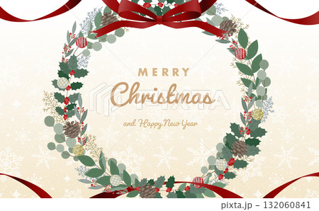 クリスマスリースとリボン、雪の結晶の豪華でリアル、ナチュラルなカードに最適なフレーム 132060841