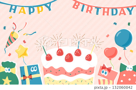 かわいいカラフルな誕生日の背景フレーム:カードやバナーなどに最適、誕生日ケーキ、こども、ポップ 132060842