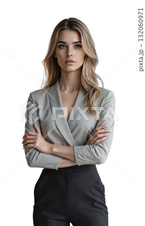A white female CEO in soft grey, arms folded with a calm, assertive expression, bathed in soft light from 132060971